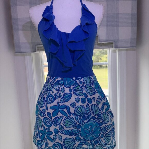 Lilly Pulitzer Blue Halter Shorely Quinn Dress XS Pockets Blue White Coverup - Picture 9 of 12